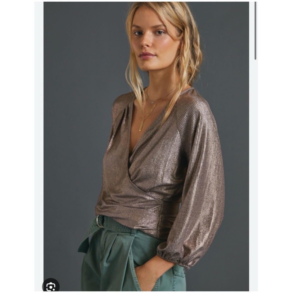 New Anthropologie Luanne Shimmer Surplice Top Blouse Medium Metallic Bronze NWT